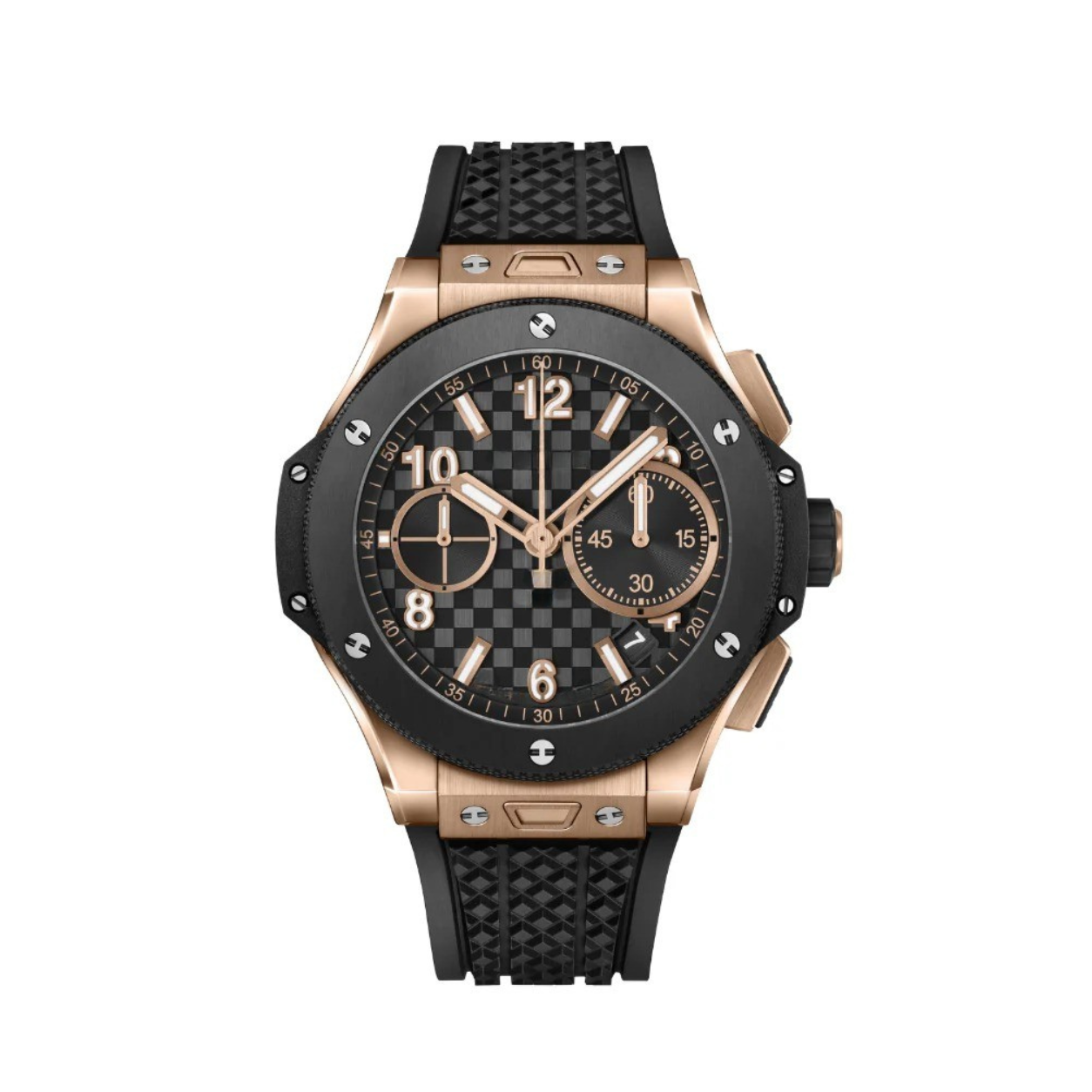 Chronograph 44 – Black Checkered Dial | Rose Gold Case & Rubber Strap
