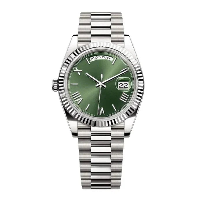 President 40 – Green Dial | Silver Tone Bracelet & Fluted Bezel