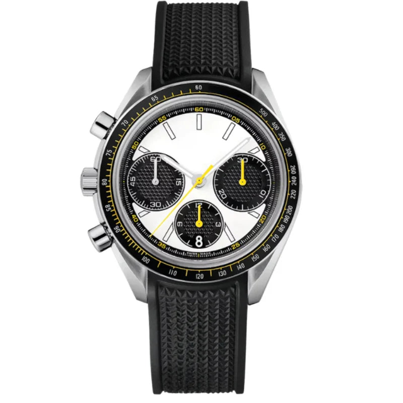 Racing Chronograph 42 – White Dial with Black Subdials | Steel Case & Black Rubber Strap & Black Yellow Tachymeter Bezel