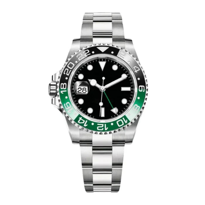 Dual Time 40 – Black Dial | Steel Bracelet & Green-Black Ceramic Bezel